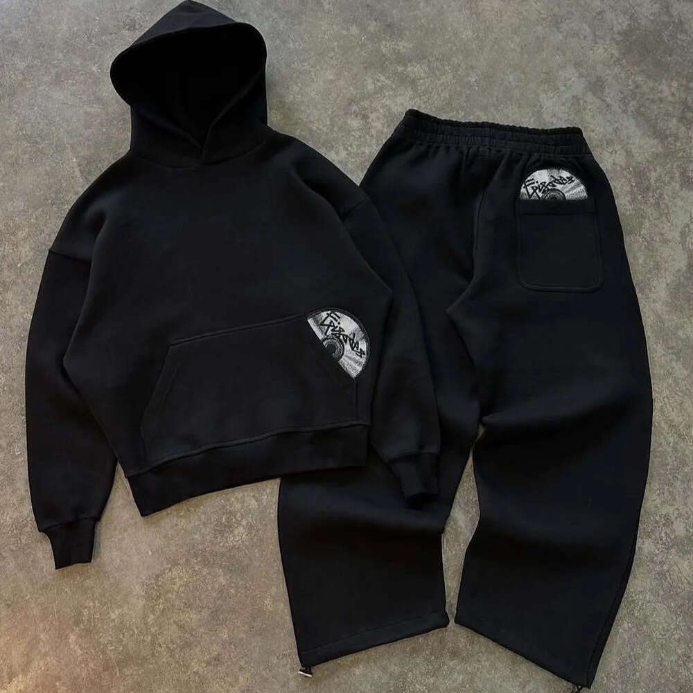 Men Fashion Printed Tracksuits Autumn Winter Hoodie Fashion Street Style Versatile Personalized Embroidery Couples Gym Suits Black Grey