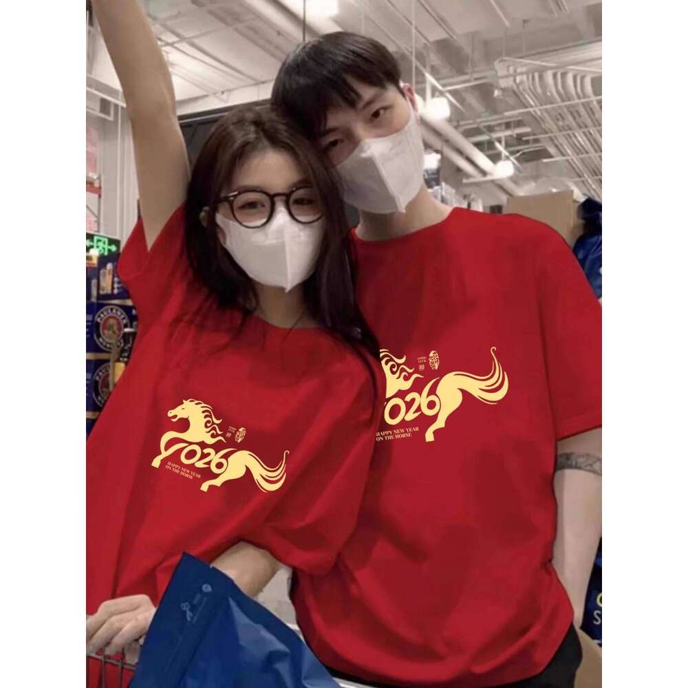 New Year Chinese Zodiac Cotton T irt ort Sve Loose Women s Top Couple Matching Red Color Faion Trend luanyun