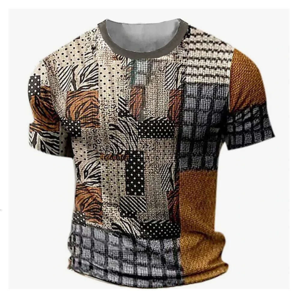 Men's T-shirt Retro Patchwork Print Short Sleeve Mixed Checkered And Animal Patterns Relaxed Crew Neck Fit Daily Outfit