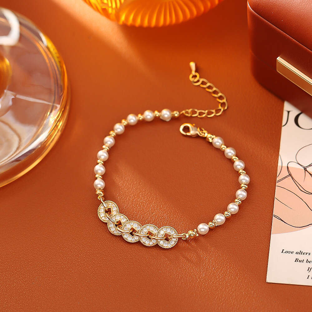 Hot-Selling Five Emperors Coin Zircon Pearl High-End Fashion Lucky Money String Hand Jewelry Trendy Ethnic Style Bracelet