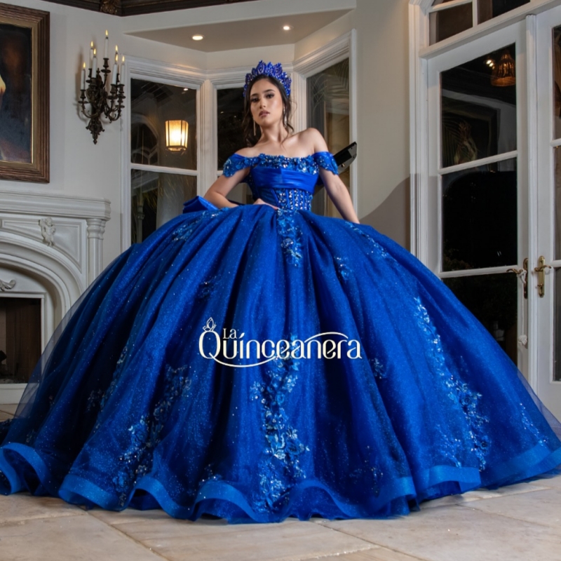 Royal Blue Shiny Princess Sweet 16 Dress Quinceanera Dresses Applique Lace Beading Crystal Bow Corset Tull Party Birthday Vestidos 15 De Anos