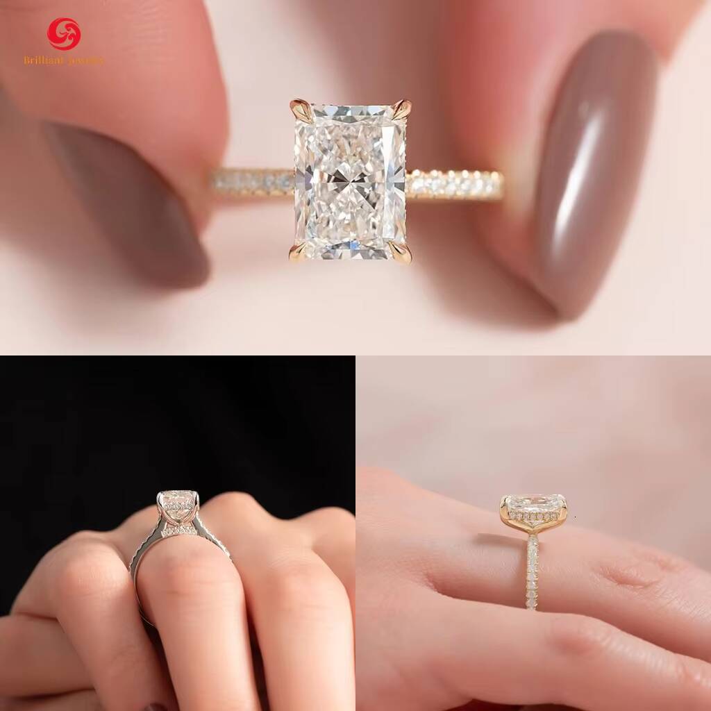 GRA Certificate 3ct 5ct Radiant Crushed Ice Cut Moissanite Rings Silver Sterling 925 18k Gold Plated Mossanite Ring