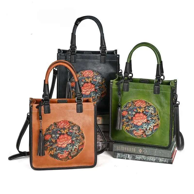 Johnature Chinese Style Retro Embossed Women Bag Genuine Leather New Versatile Real Cowhide Large Capacity Shoulder Bags KABAHEBINGJUE