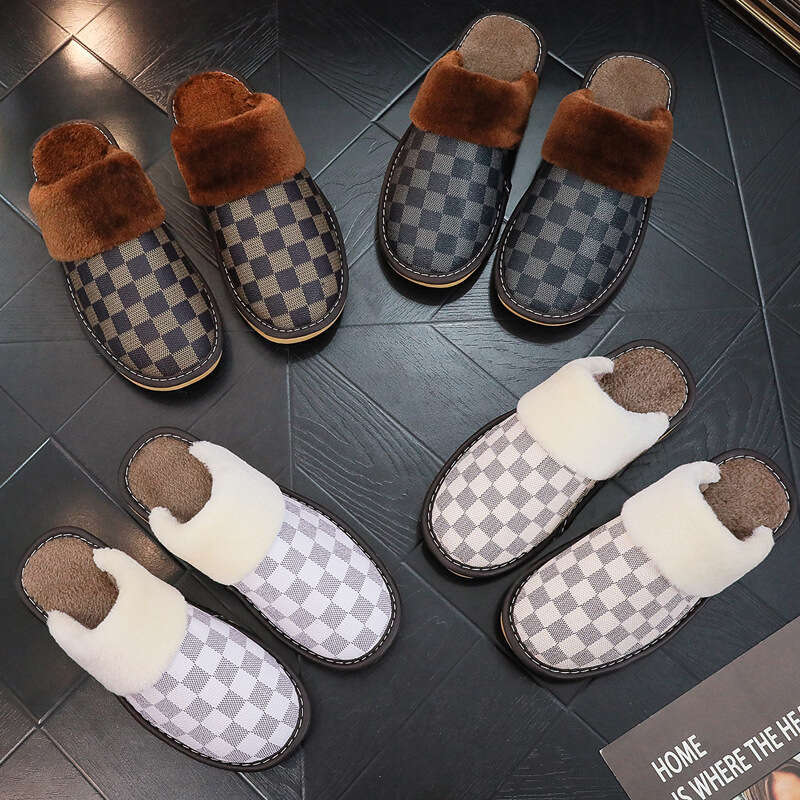 Fleece Winter Warm Couple Indoor Home Plush Non-Slip Waterproof Men Women Floor Cotton Slippers