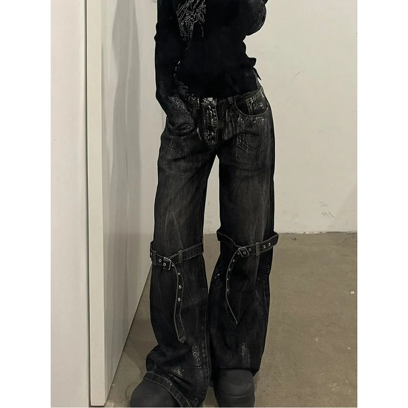 Black Womens Jeans High Waist Hip Hop Straight Fashion Pants Streetwear Harajuku Y2K Star Female Wide Leg Denim Trouser 260126