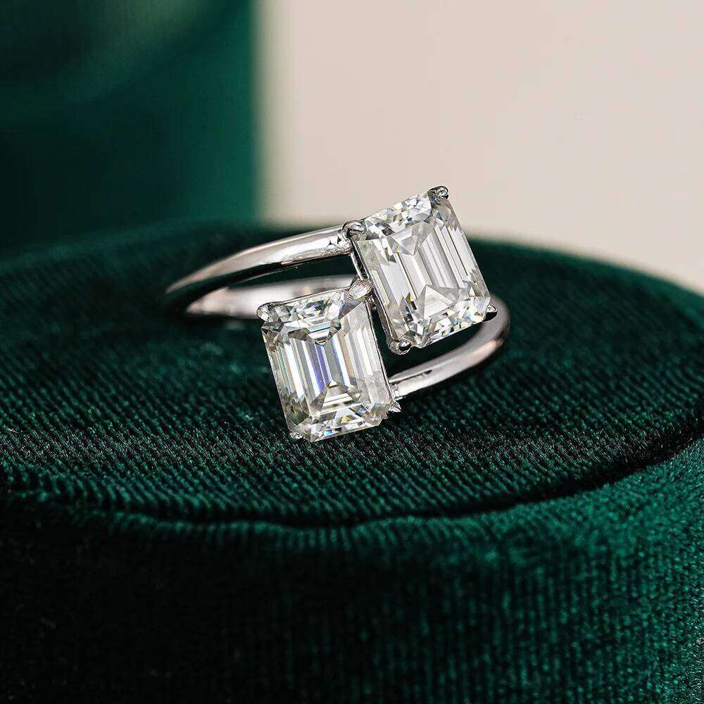 4CTTW Emerald Cut Moissanite Ring for Women 925 Sterling Silver Baguette Two Stone Engagement Wedding Band with Certificate XJ260130