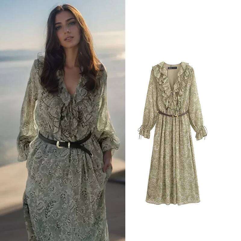 Dresses 2025 New Spring Chiffon Print V-neck Chic Slim Long Fashion Elegant Holiday Street Women's Dress XJ260130