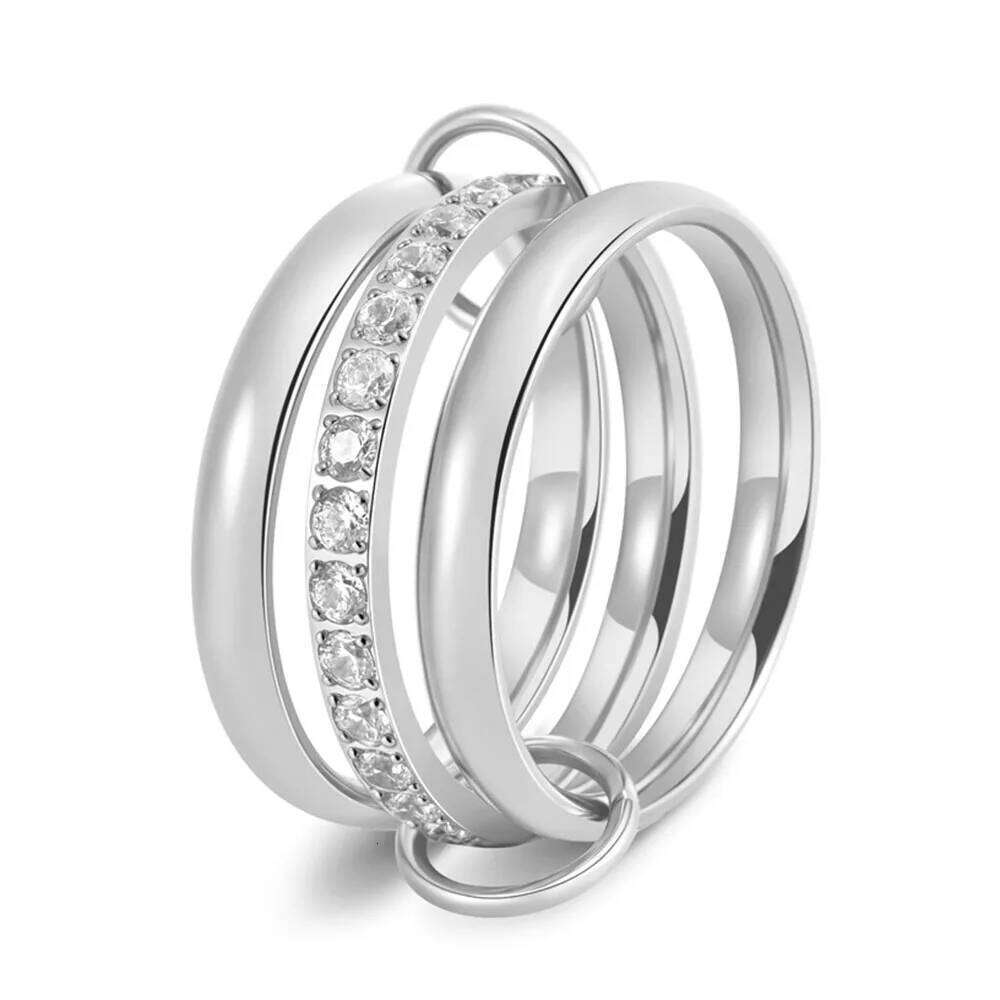 Premium diamond-set triple titanium steel women's stacked plain 18K gold temperament ring interlocking rin XJ260130