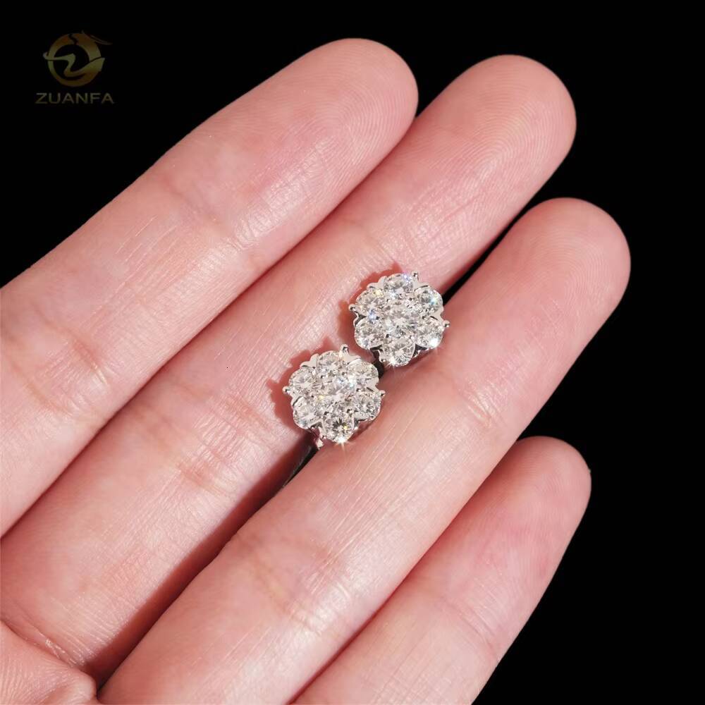 High Quality Shining Bling Flower Hip Hop 925 Silver Diamond Stud Moissanite Earrings