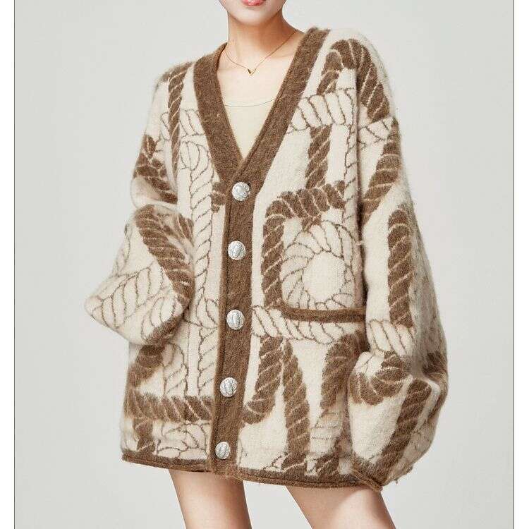 Fashion Plus Size Heavy Craft New Chinese Rope Jacquard Knitted Cardigan Loose Lazy Style Sweater Coat For Women Autumn Winter Trend LEEGO LENS