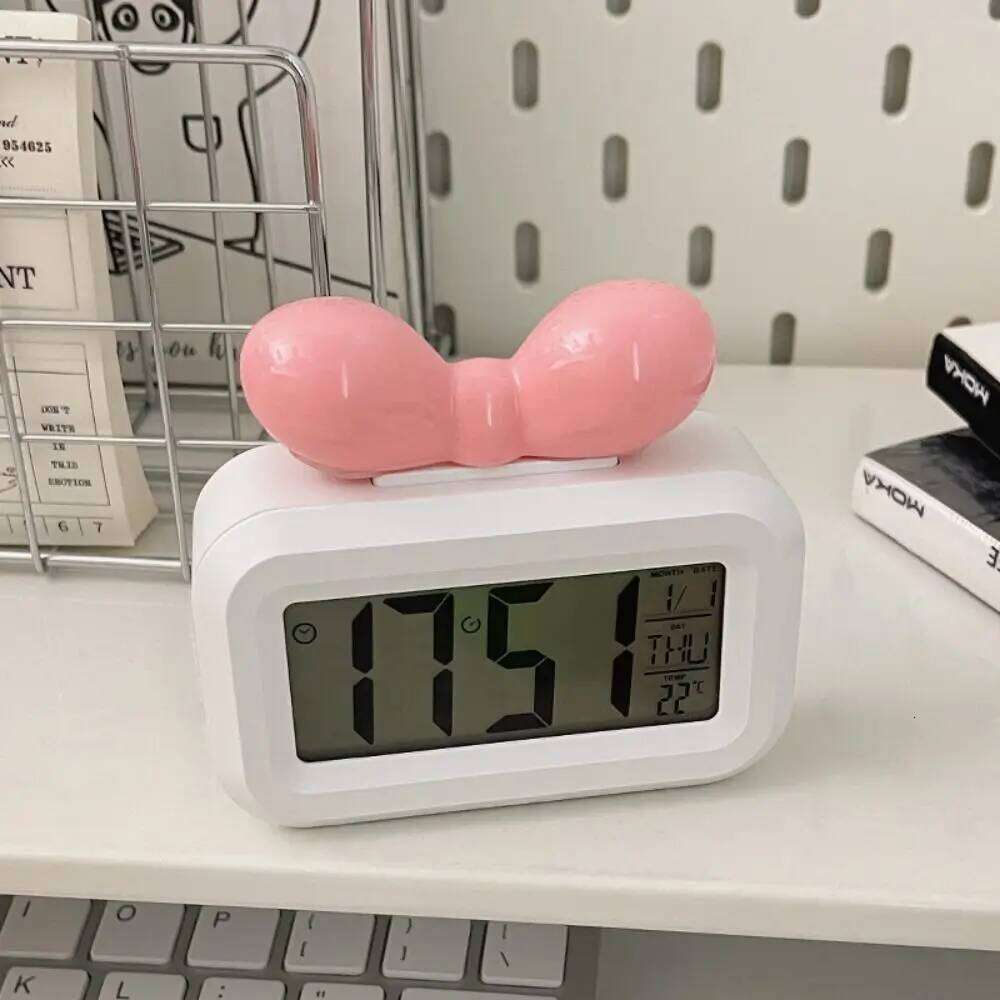 Cute Bowknot LED Digital Temperature Detection Mini Alarm with Night Light Gift Desktop Clock Bedside Decoration W260130