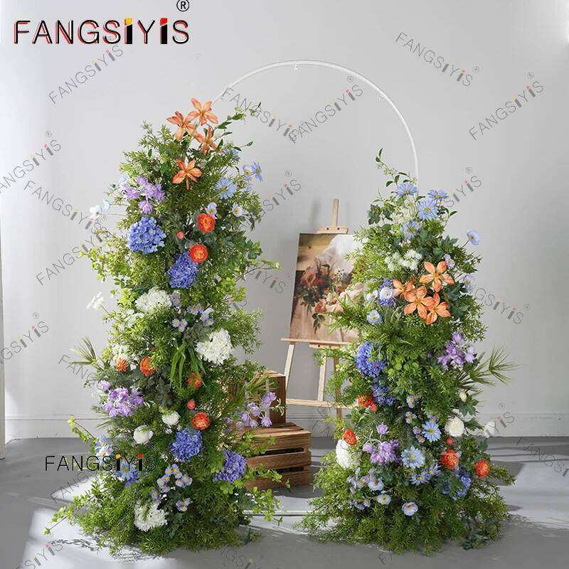 Artificial Floral Row Rose Hydrangea Pompom Wedding Backdrop ox horn Arch KT Board Deco Banquet Floor Flower Prop Window Display Y260130