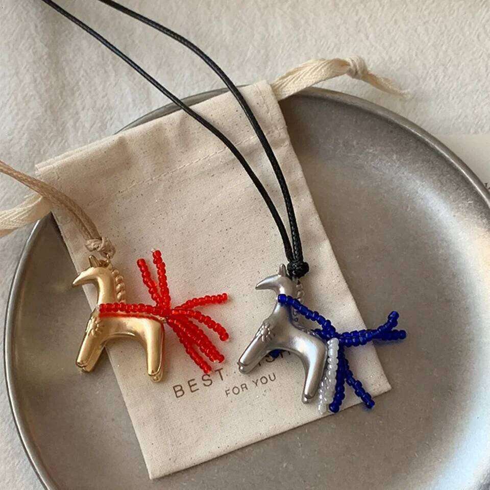 Vintage Metallic Cartoon Horse Beads Strand Tassel Pendant Necklaces for Women Long Adjustable Wax Rope Chain Choker Accessroy