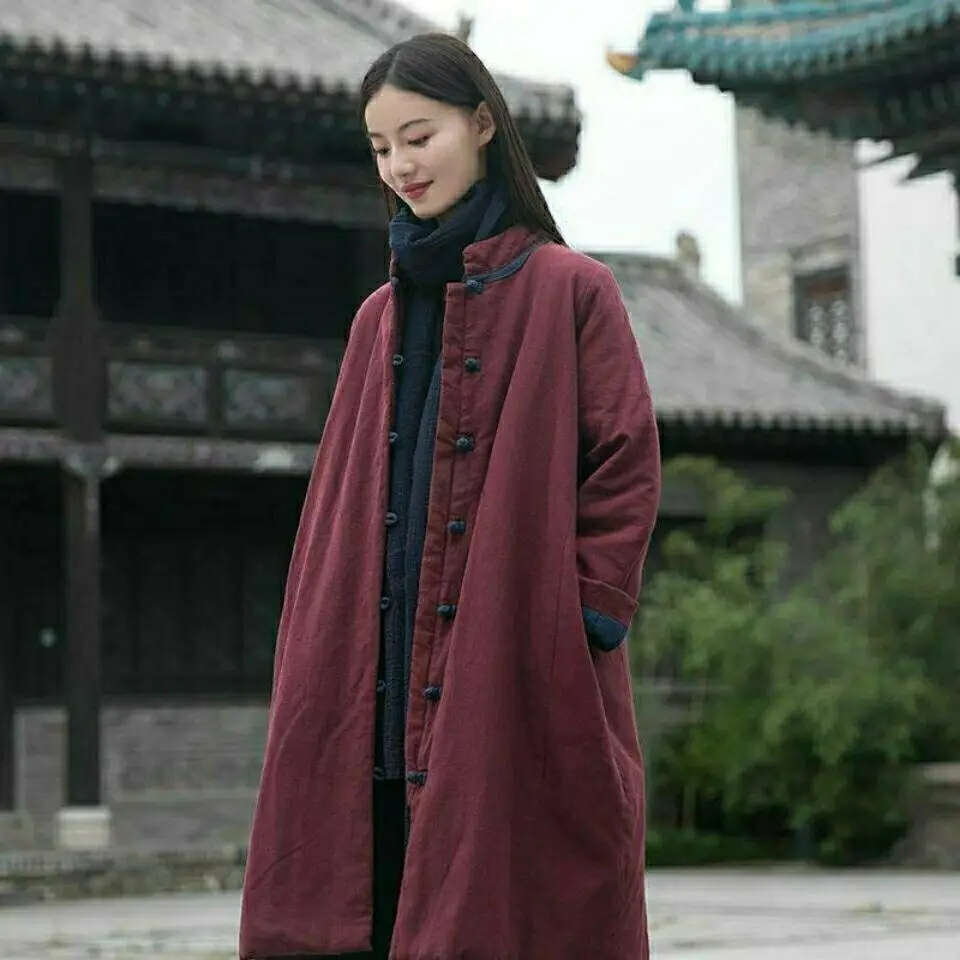 Mardi Hefxessdr winter new vintage stand collar chinese style pan buckle long thicked jacket cotton linen loose padded coat s