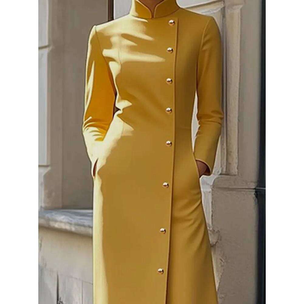 Freeacy Solid Color for Women Stand Collar Long Sleeves Single-breasted H-Line Midi Autumn Fashion High Street Dress XJ260130