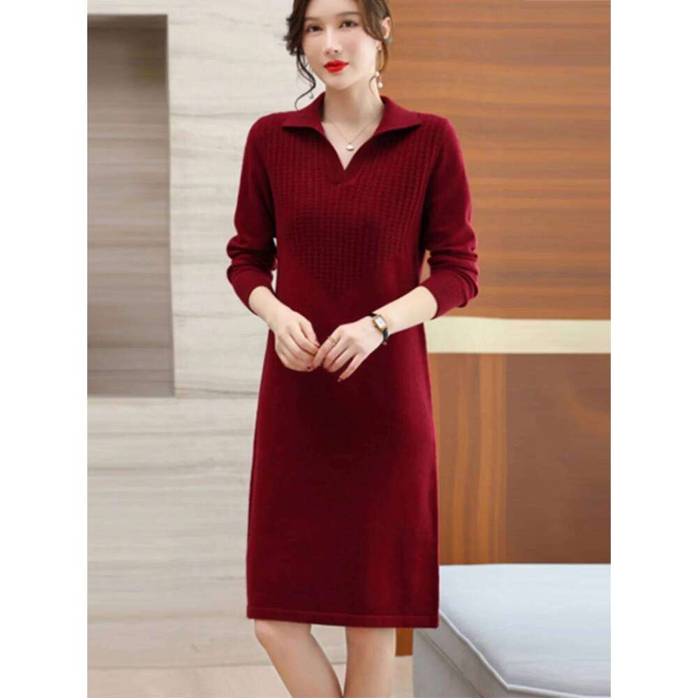 Autumn Winter Polo Collar Women's Knitted Dresses 2025 New Solid Korean Long Sleeve Elegant Bodycon Wrap Dress Female CQ296 XJ260130