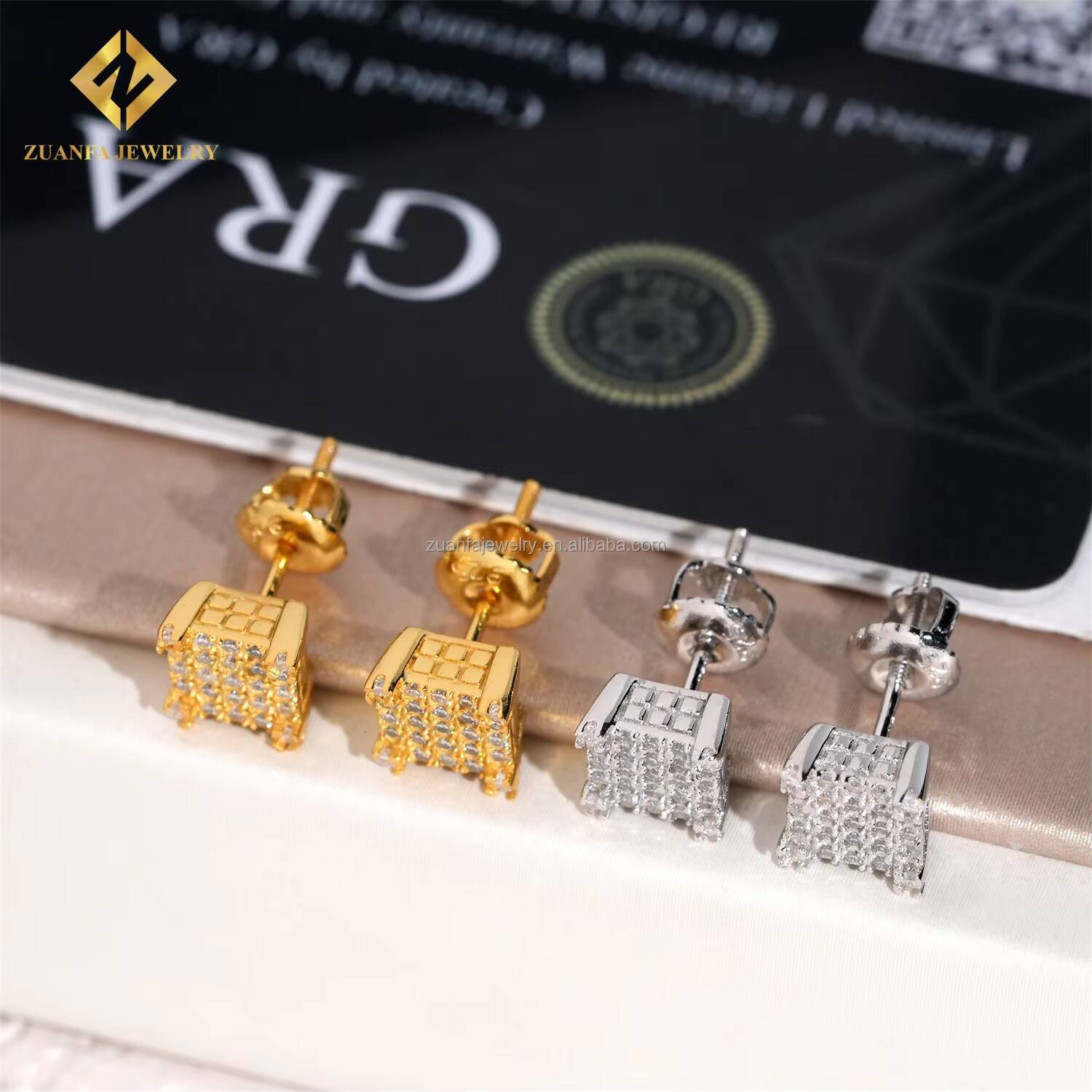 Bulk Stock Drop Shipping GRA Certificate Rapper Jewelry Iced Out Hip Hop Screw Back S925 VVS1 Moissanite Square Stud Earrings