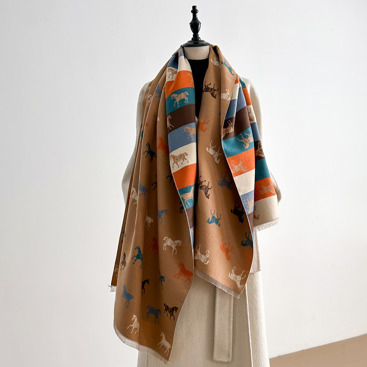 Retro Y2K Shawl for Outfit Autumn Winter New Warm Imitation Cashmere Scarf For Women Double-Sided War Horse Color Block Neck Warmer Shawl