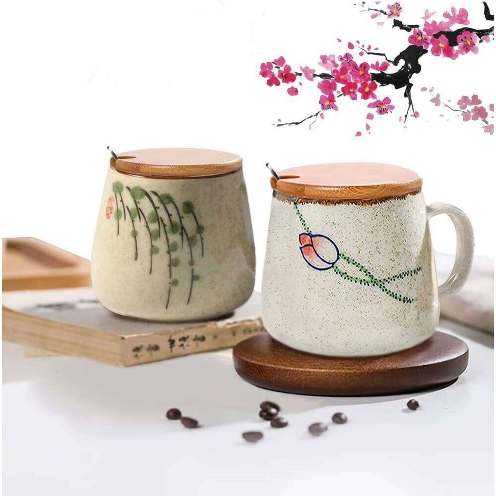 350ml Japanese Retro Ceramic Coffee With Lid And Spoon Milk Breakfast Cups Home Heat-resistant Teacup Tumbler Water Mug Gift