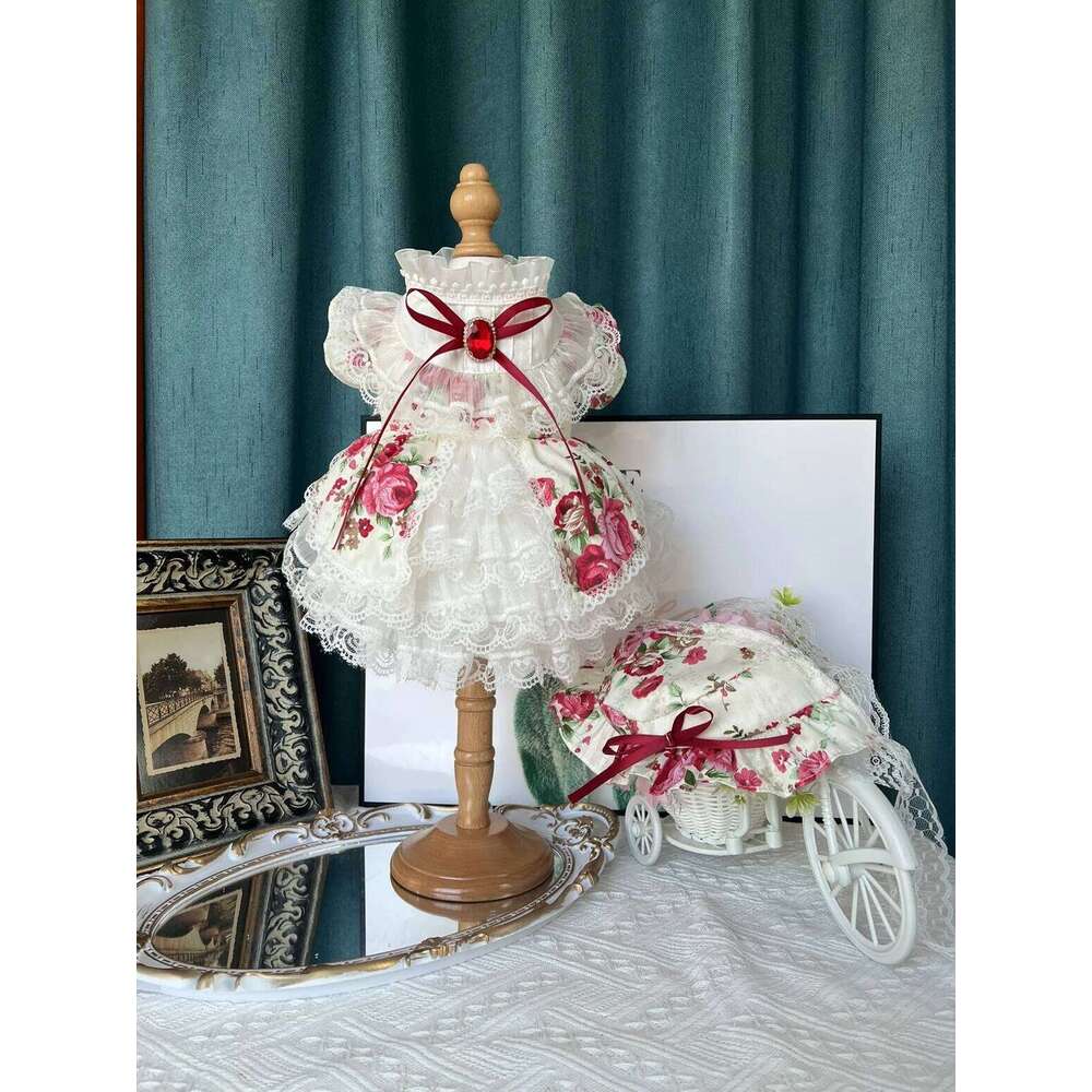 Fine Handmade Cotton Lace Pet Clothes Fashion High-end Flower Print Crystal Bow Princess Dress For Small Medium Dog Poodle H260130