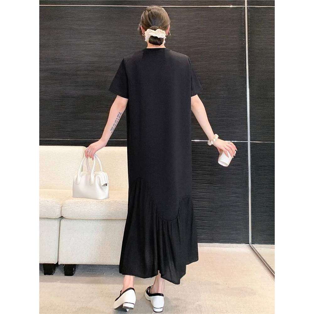 NYFS 2025 Summer New Korea Irregular Woman Vestidos Robe Elbise Loose Plus Size Patchwork Short Sleeve Long Dress XJ260130