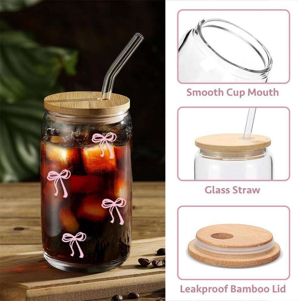 Drinking Utensils Pink Bow Glass Tumbler 500ml With Lid Straw For Outdoor Water Bottles Home Tableware High-Temperature Resistant Luxury Tea Coffee Cu