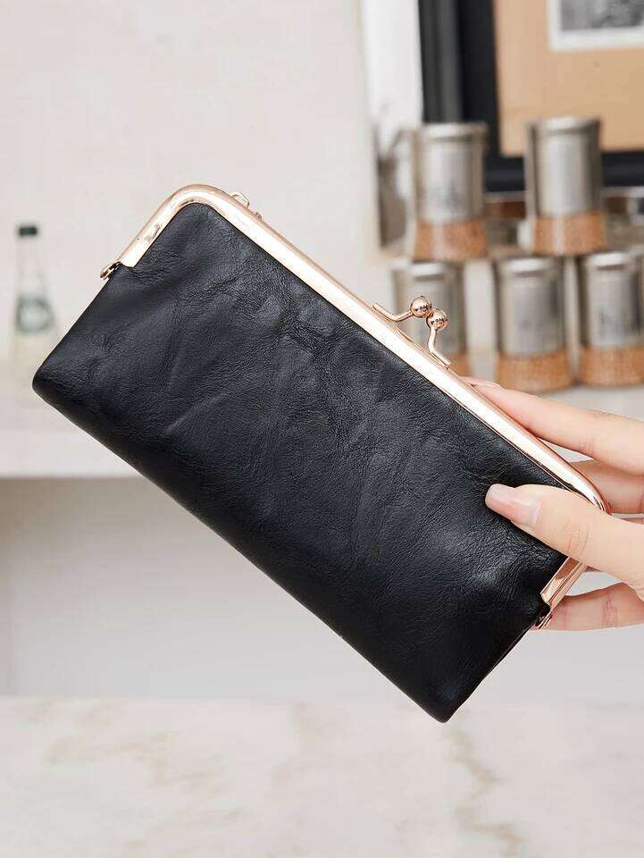Vintage Kiss Lock Long Women's Solid Color Multi Functional Zipper Wallet Minimalism Double Fold Large Capacity Handbag