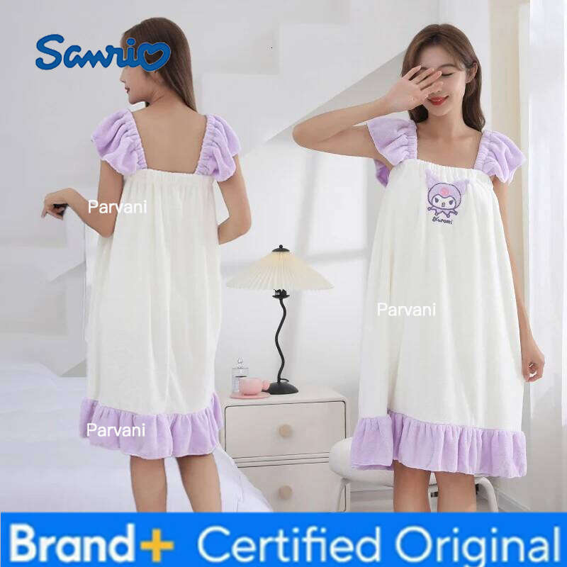 Sanrio Cartoon Girls Kuromi Bath Skirt Autumn Winter New Kawaii Home Clothes Absorb Water Bathrobe Princess Coral Fleece H260130111