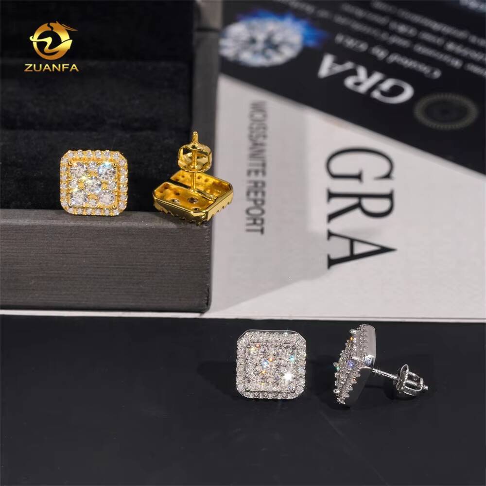 Hip Hop Luxury High Quality VVS Diamond Square Iced Out Mens 925 Silver Moissanite Earrings