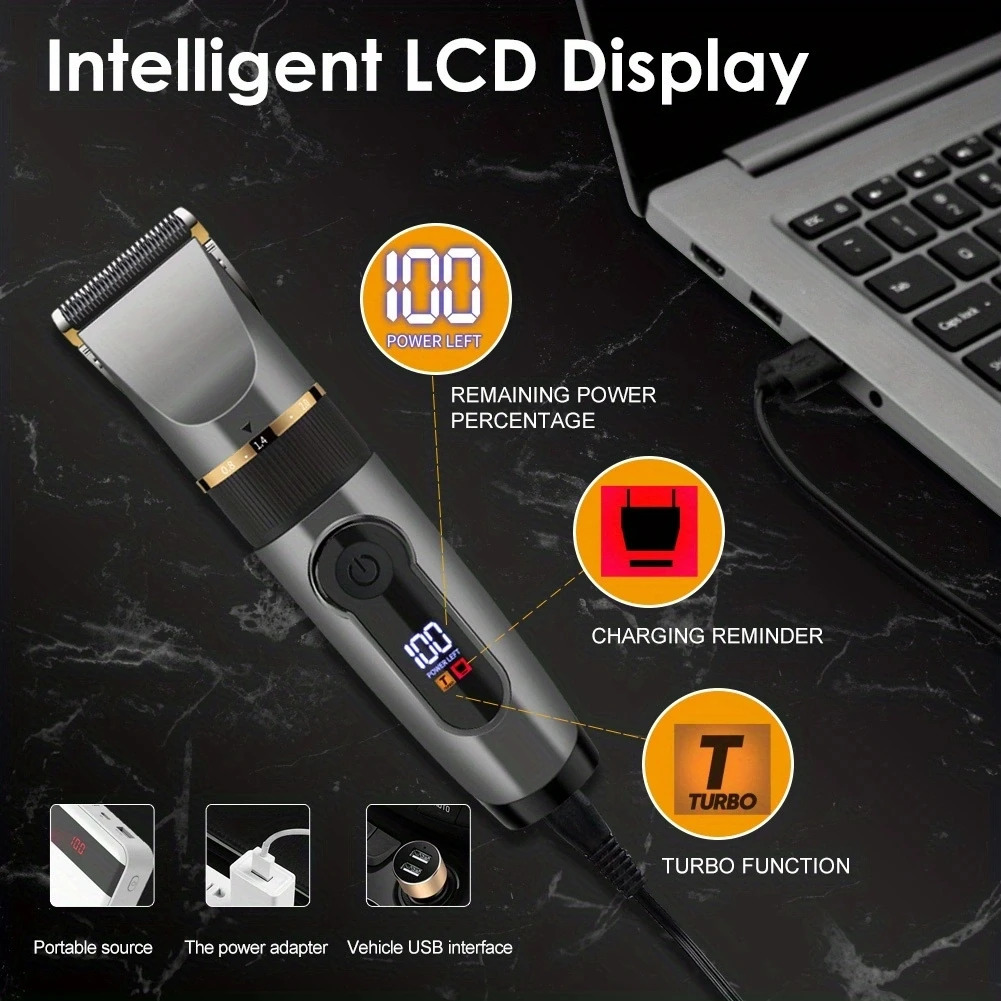 Professional Hair Clipper Ceramic Blade Male Hair Trimmer LED Display Haircut Machine USB charging 260129
