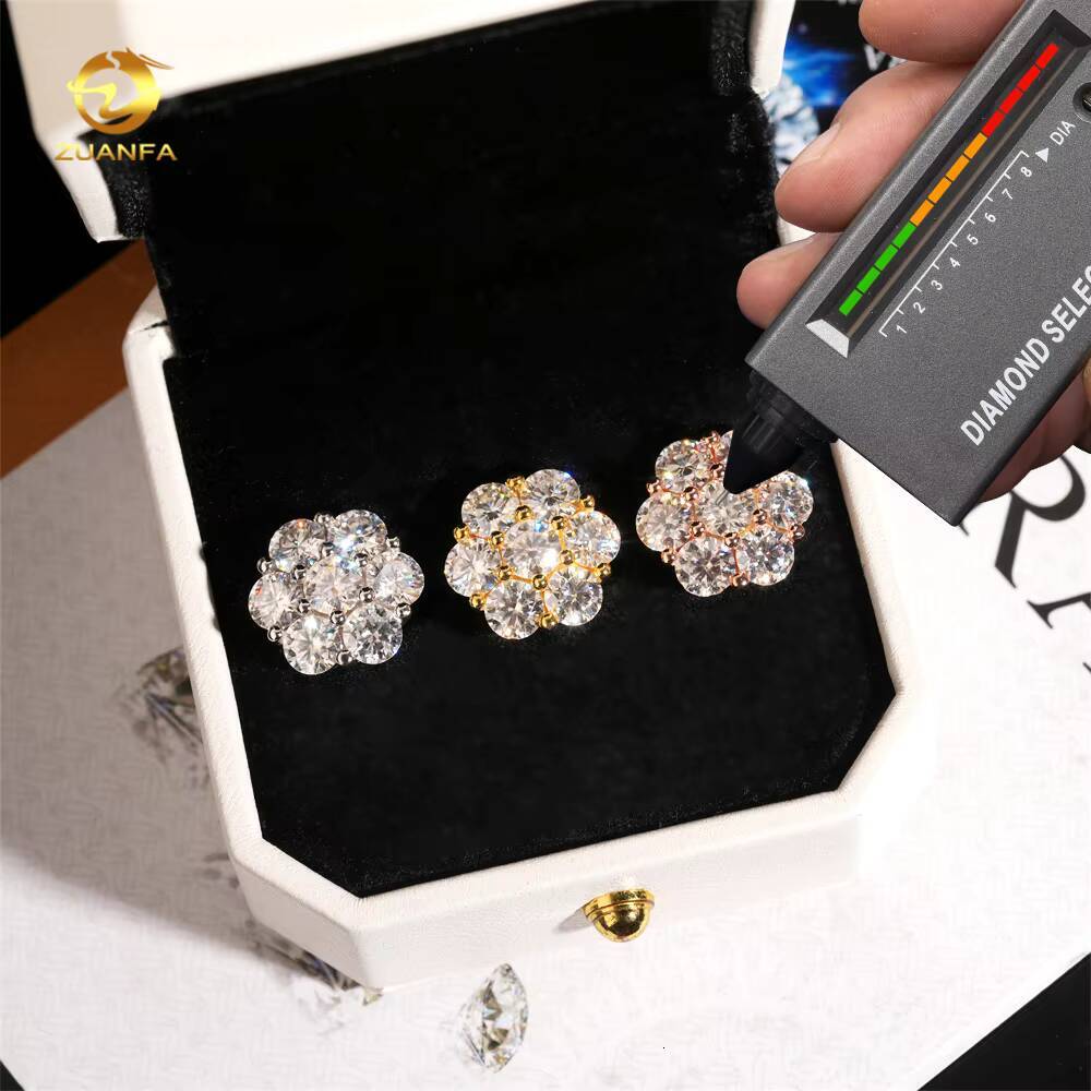 15mm 925 Silver Flower Cluster Moissanite Earrings 925 Sterling Silver Moissanite Diamond Screw Back Earrings