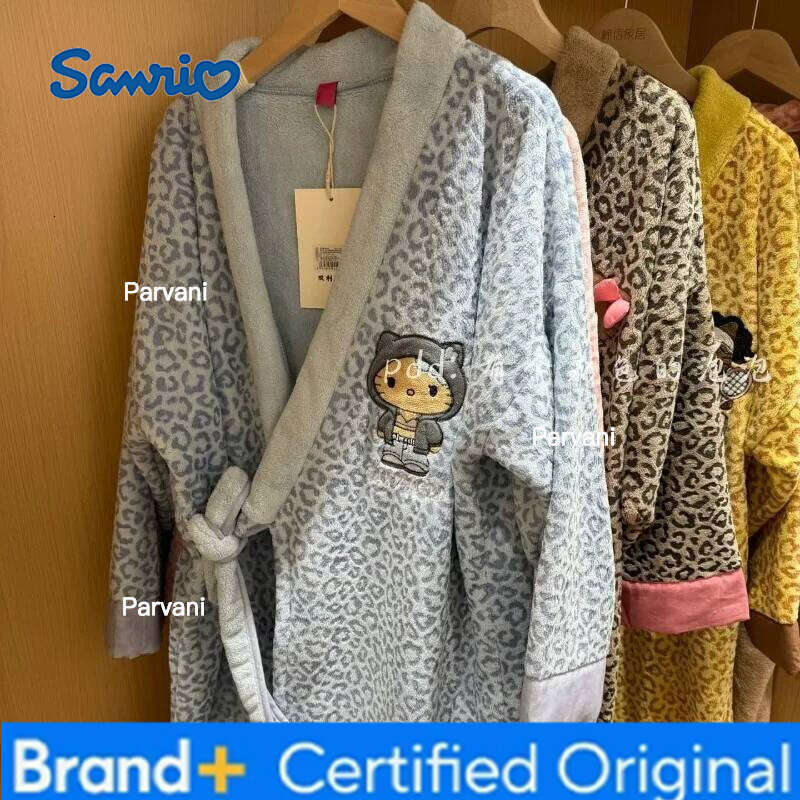 Sanrio Hello Kitty Bathrobe Leopard Print Drying Cap Coral Fleece Quick-Absorbing Lint-Free Soft and Skin-Friendly Homewear Gift H260130