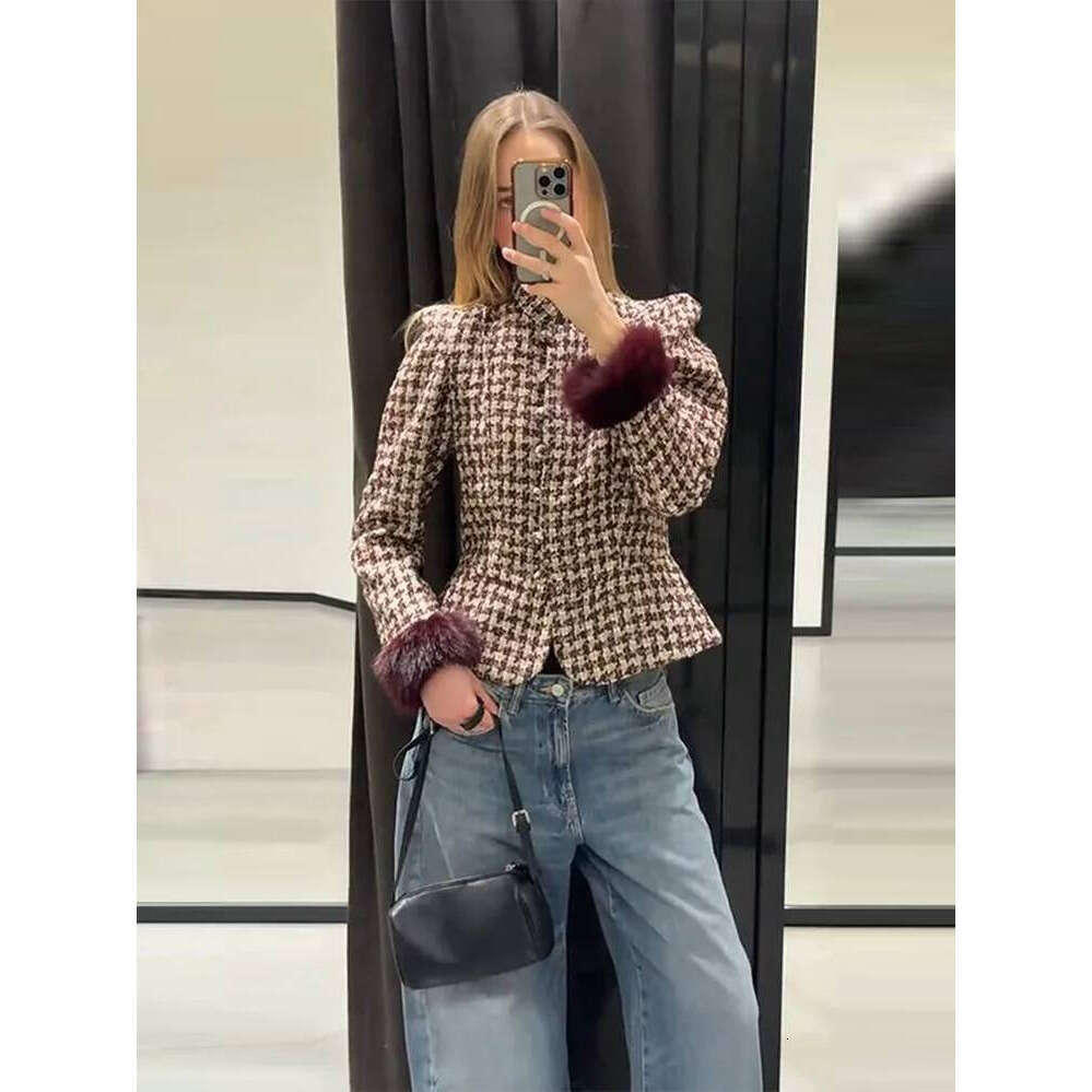 ZHE HAN Fashion Women Stand Collar Tweed Jacket Elegant Long Sleeve Faux Fur Cuffs Coat 2026 Spring New Single Breasted Outerwear Street