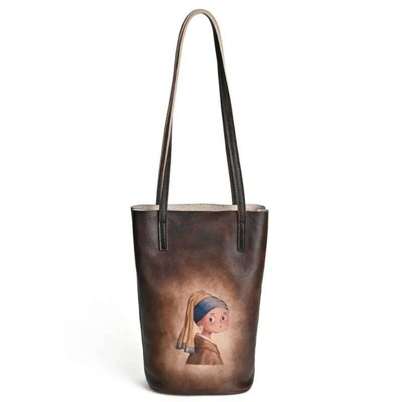 Vintage Women S Shoulder Crossbody Bags Genuine Leather Handmade Bucket Bag First Layer Cowhide Retro Printing Handbag KABAHEBINGJUE