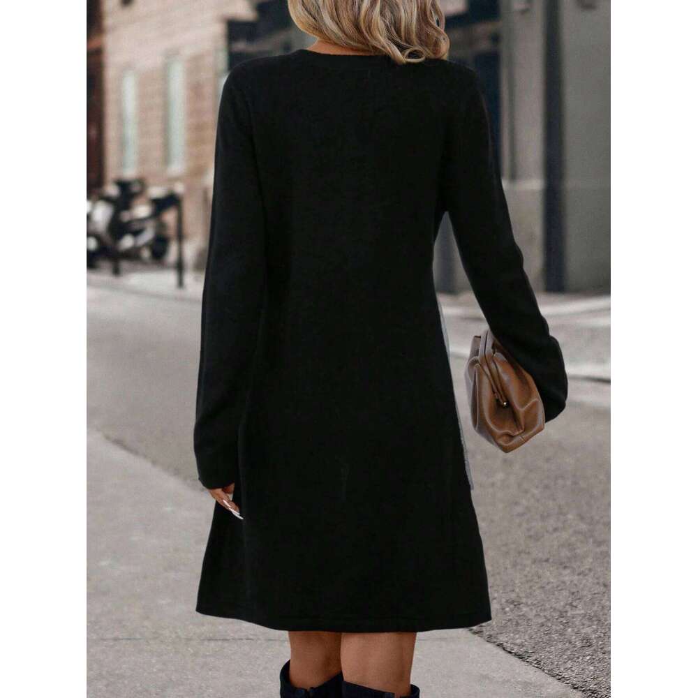 Colorblock Round Dress, Casual Long Sleeve Crew Neck Dress Fall & Winter, Women's Clothing for Daily Wear XJ260130