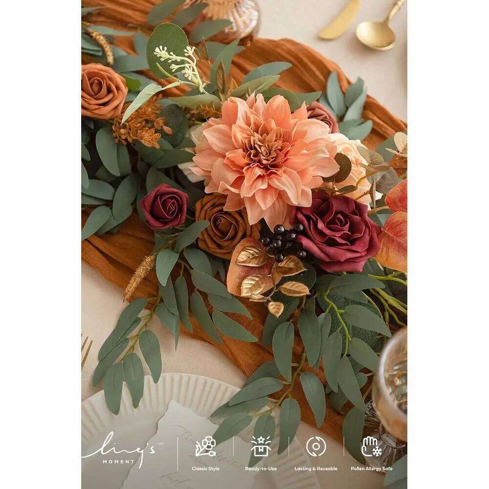 6FT Burnt Orange Eucalyptus & Rose Artificial Floral Garland for Wedding Sweetheart Table, Fall Mantle Decor, Christmas Y260130