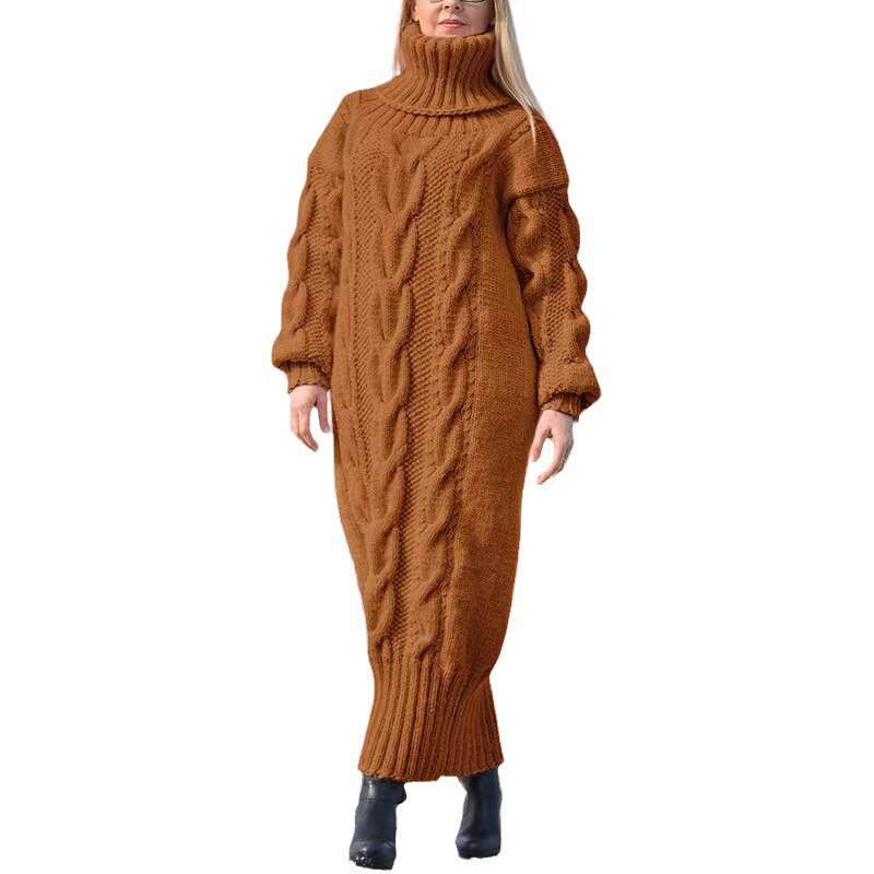 Cross-Border Amazon European and American Autumn Winter New Long High Neck Loose Cable Knit Solid Color Elegant Sweater for Women Casual