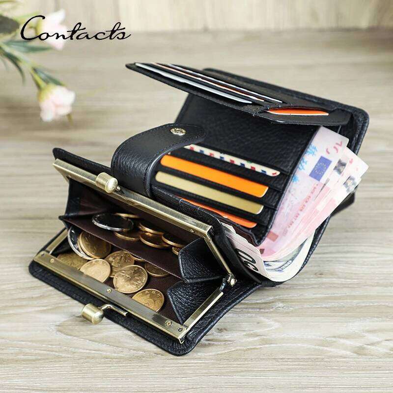 CONTACT'S RFID Genuine Leather Women's wallets Metal Frame Coin Purses Luxury Women Card Holders Z260130