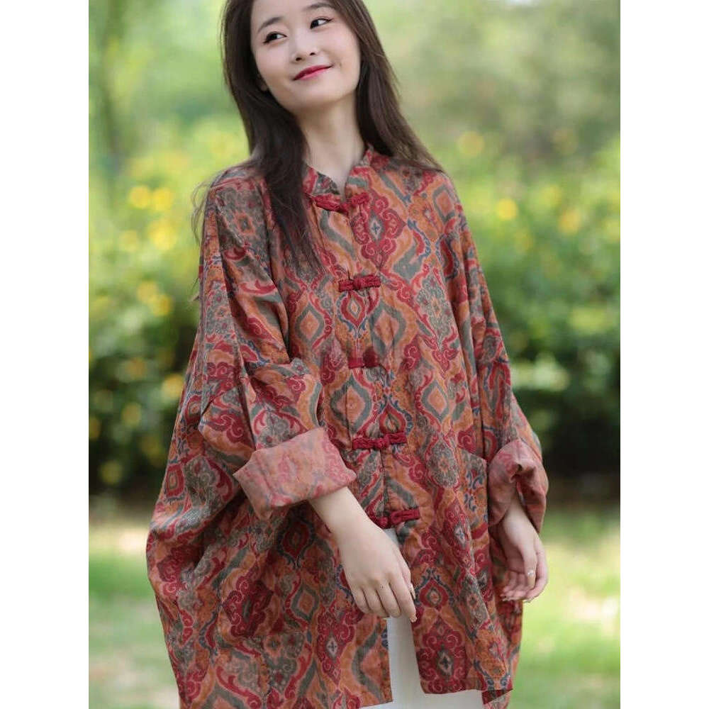 Mardi Hefxessdr cotton linen women printing tang suit chinese style loose national stand collar long sleeve cheongsam button retro top coat