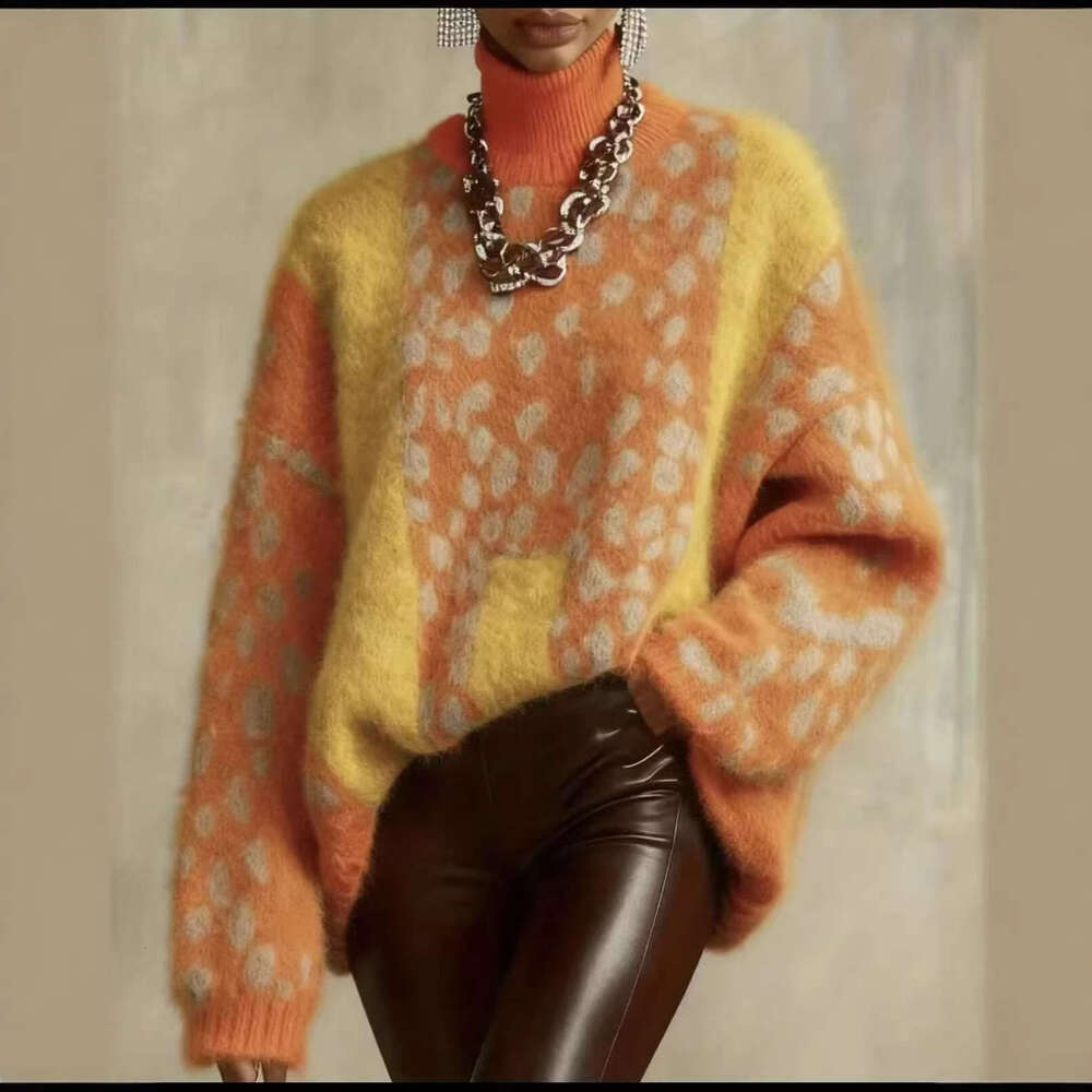European American Cross-Border Lazy Style Leopard Print Knitted Sweater Women, Autumn and Winter Thickened Loose Vintage Patchwork Top for Women