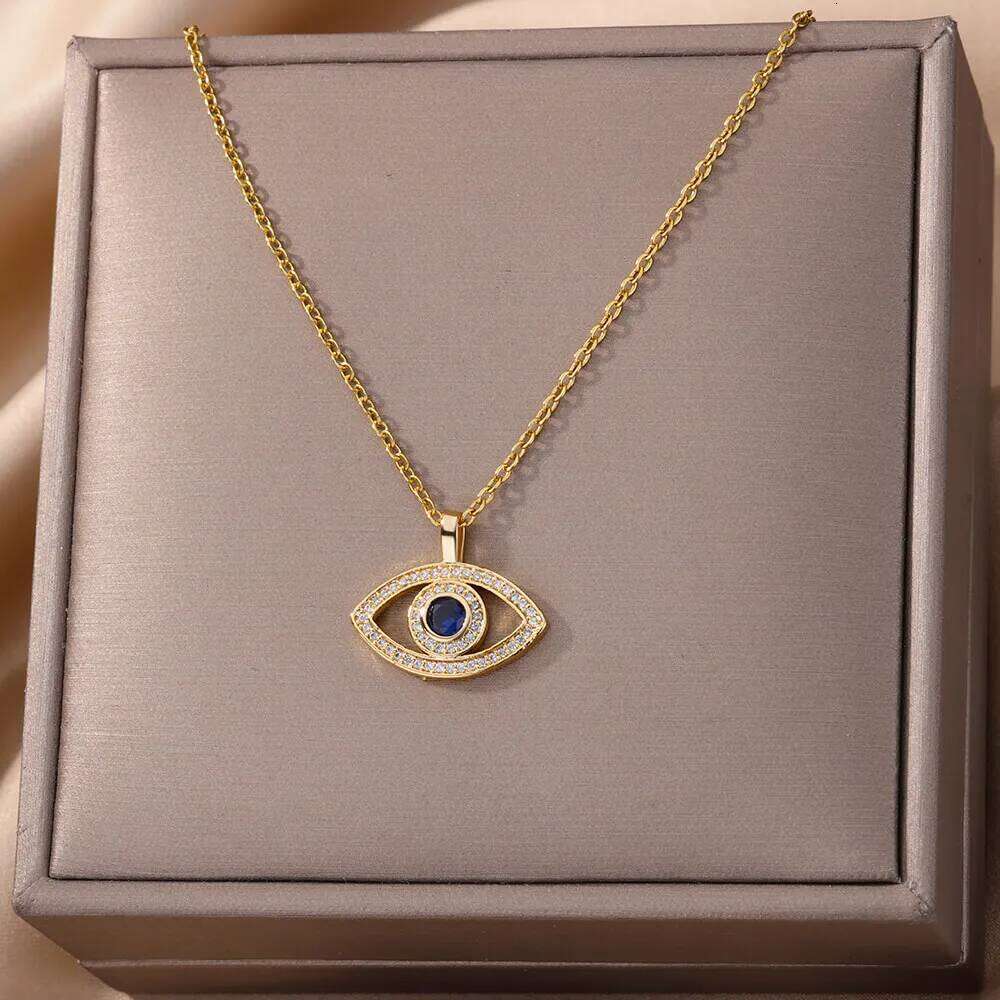 Zircon Blue Evil Necklace for Women Gold Color Stainless Steel Turkish Eye Pendant Necklaces Lucky Jewelry Gift collier femm