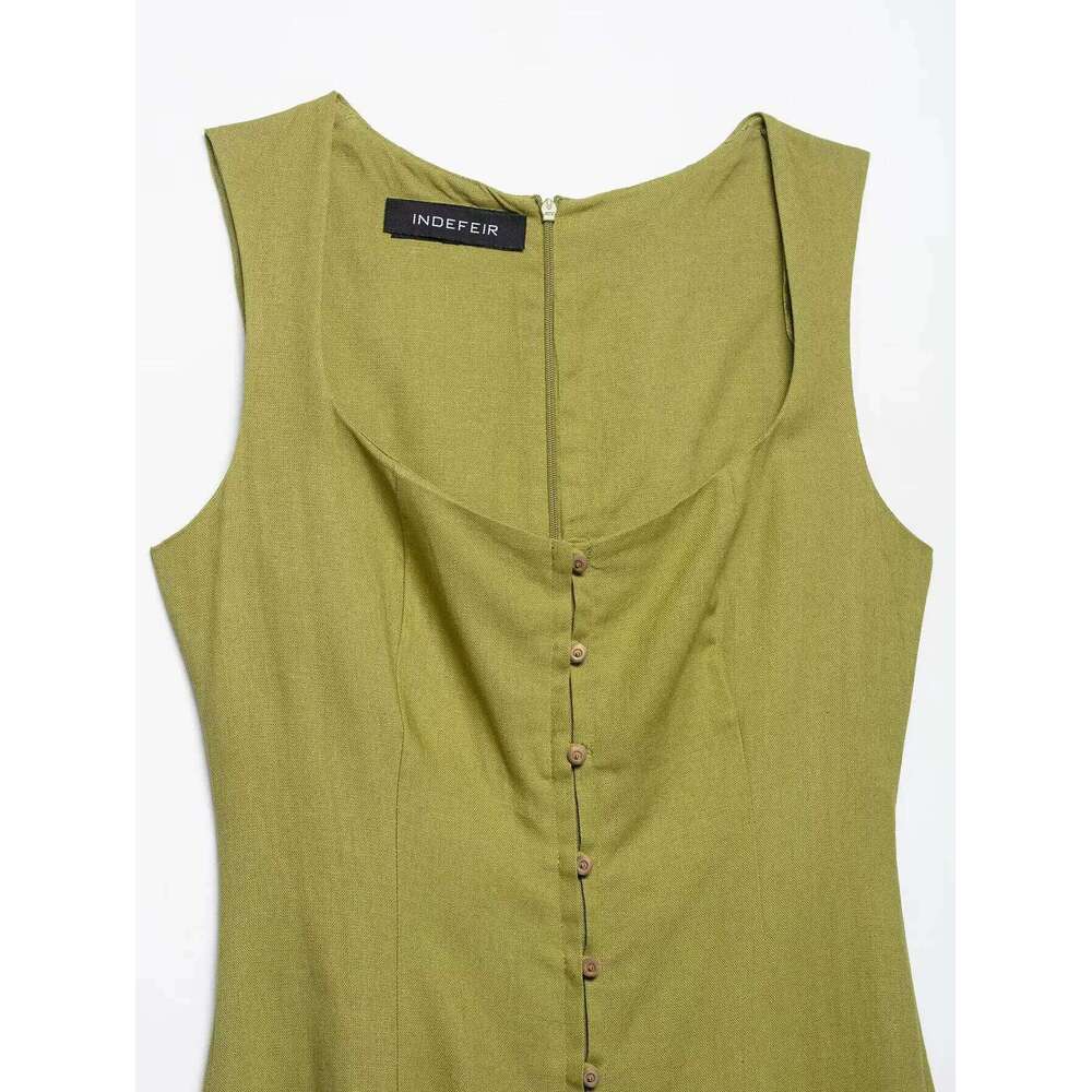 2025 Summer Elegant Women Fashion Solid Square Collar Sleeveless Single Breasted Dress Ladies Vacation Green Spilt Dresses XJ260130