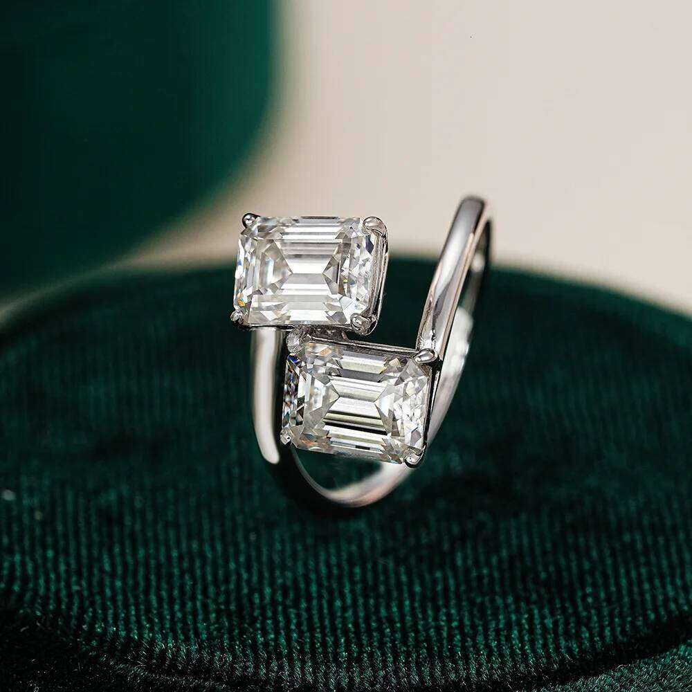 4CTTW Emerald Cut Moissanite Ring for Women 925 Sterling Silver Baguette Two Stone Engagement Wedding Band with Certificate XJ260130