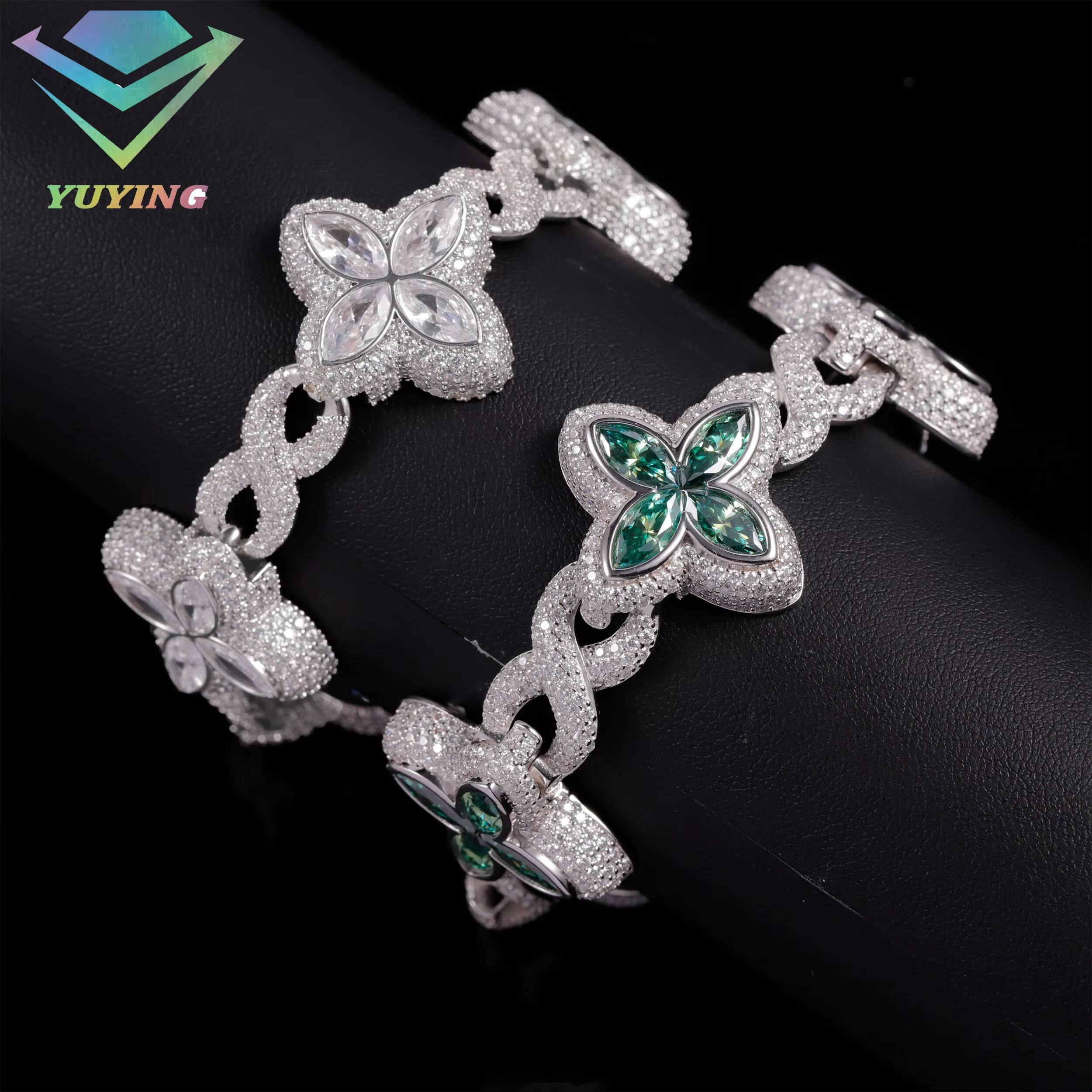 Yy New Design Iced Out Clovers Vvs Moissanite Bracelets Cuban Chain 925 Sterling Silver Fine Jewelry Bracelets for Men Women