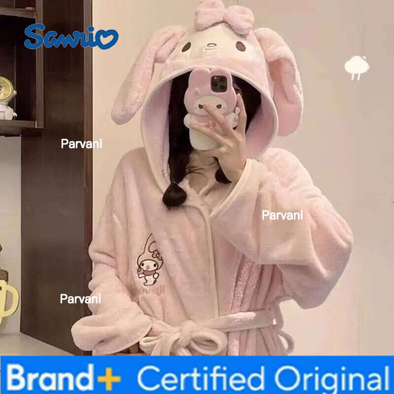 Sanrio New Hello Kitty Nightgown Cartoon Cute My Melody Kuromi Cinnamoroll Thick Absorbent Quick-Drying Long Adult Bathrobe Pajama H2601301