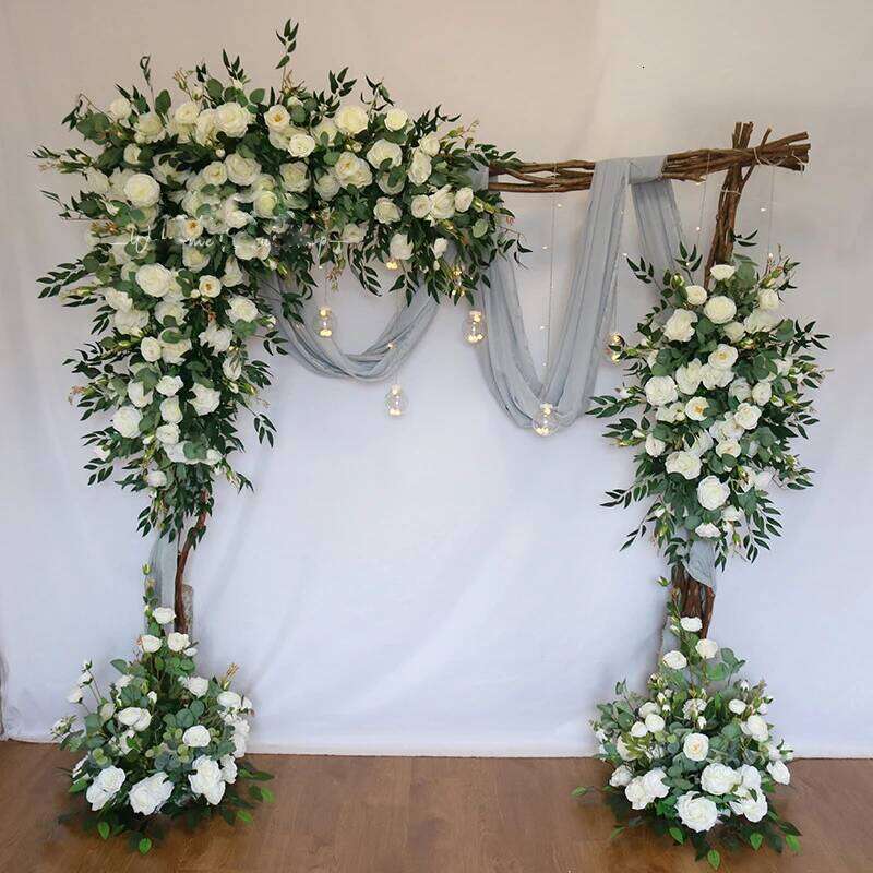 white Rose Green Leaf Artificial Row Wedding Backdrop Wall Deco Hanging Corner Flower Party Centerpiece Table Floral deco Y260130