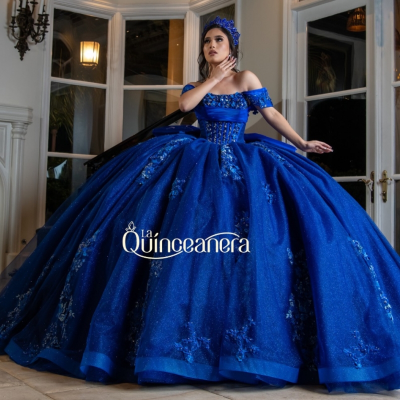 Royal Blue Shiny Princess Sweet 16 Dress Quinceanera Dresses Applique Lace Beading Crystal Bow Corset Tull Party Birthday Vestidos 15 De Anos