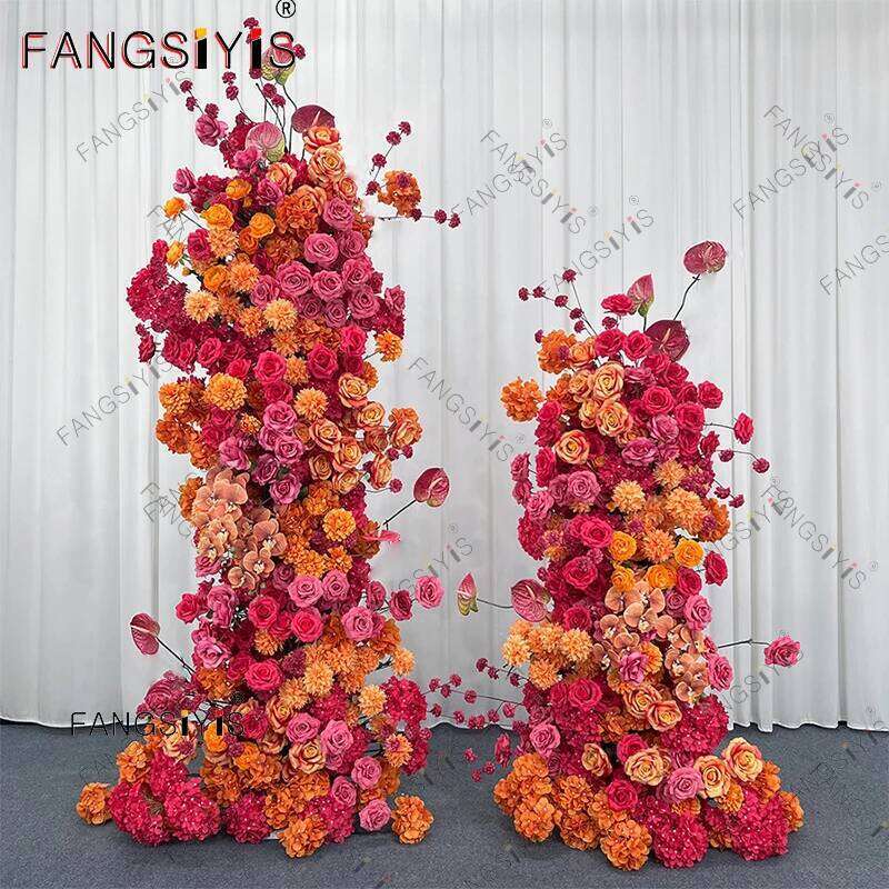 Wedding Backdrop Arch Flower Runner,orange-red,Hydrangea,Rose,KT Board Decor Floral Row Arrangement,Event Party Props Display W260130