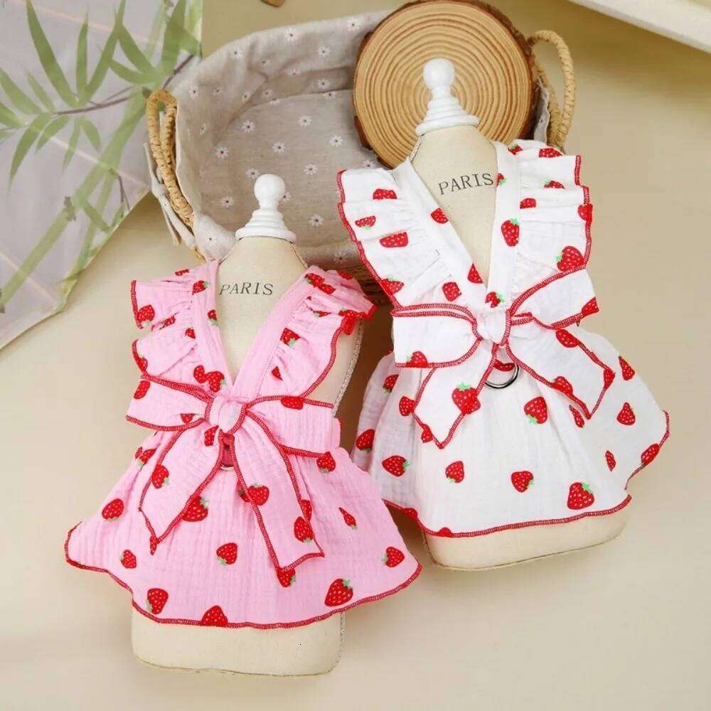 New Strawberry Print Dress Chihuahua Clothing Bow Clothes Sweet Cool Cat Dog Skirt Pet Supplies H260129