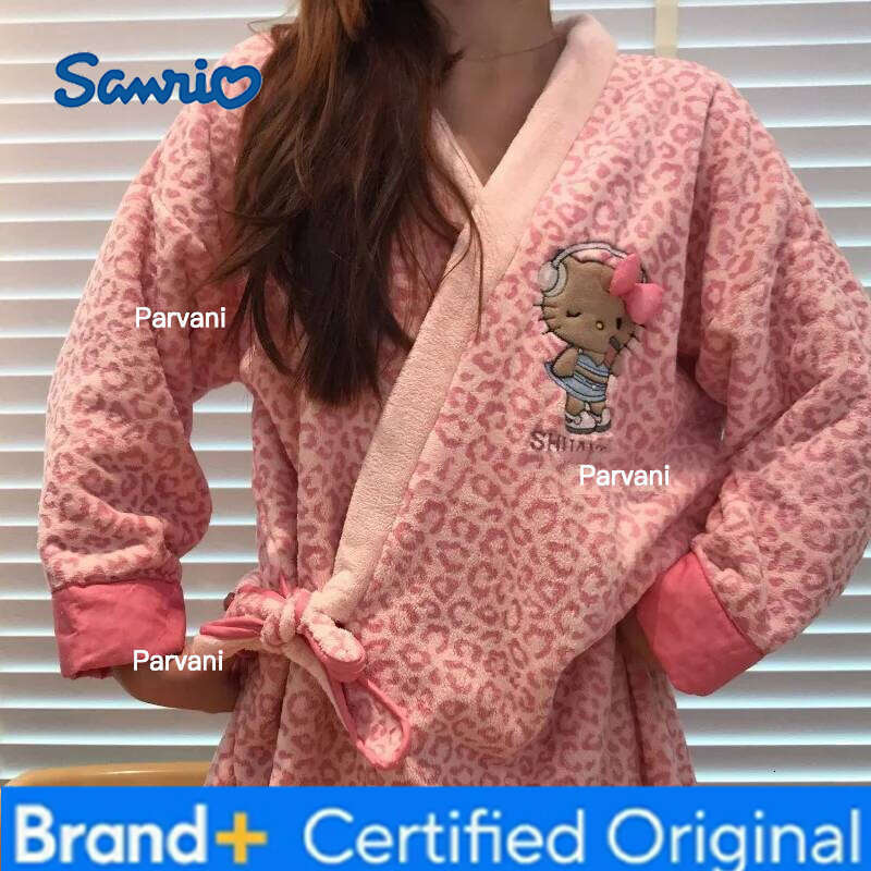 Sanrio Hello Kitty Bathrobe Leopard Print Drying Cap Coral Fleece Quick-Absorbing Lint-Free Soft and Skin-Friendly Homewear Gift H260130